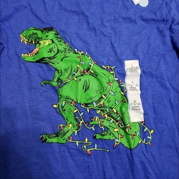NWT Cat & Jack Blue Long Sleeve Tshirt Christmas T-Rex Dinosaur Boys Large 12-14 - Picture 3 of 5